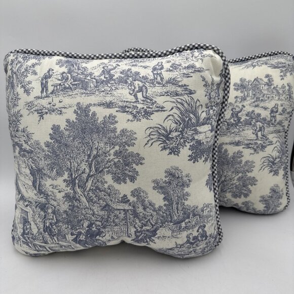 Blue white Toile Throw Pillows Set 2 French Country Check Piping 15" x 14" - Picture 1 of 7